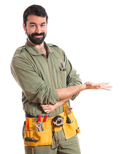Smiling Plumber Gesturing with Tool Belt for Plumbing Service