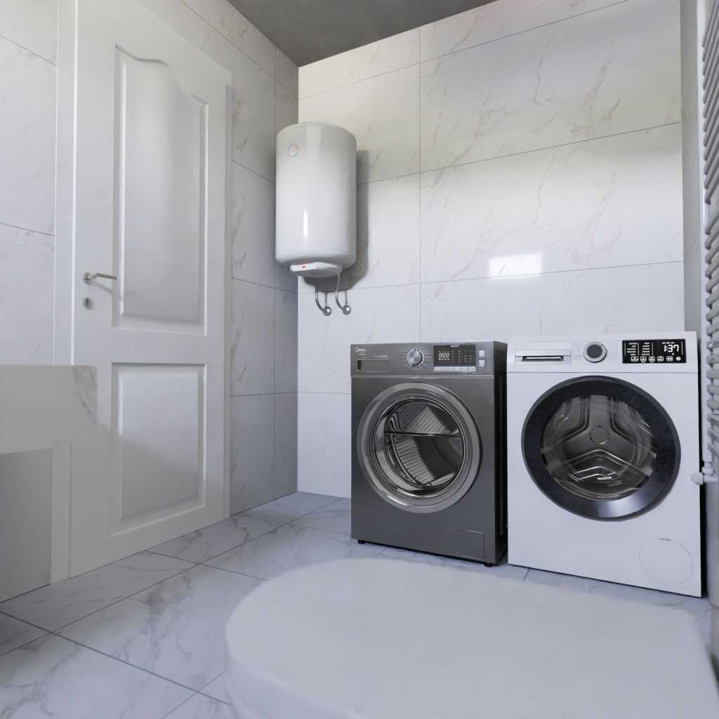 Modern Laundry Room with Washer, Dryer, and Wall-Mounted Water Heater