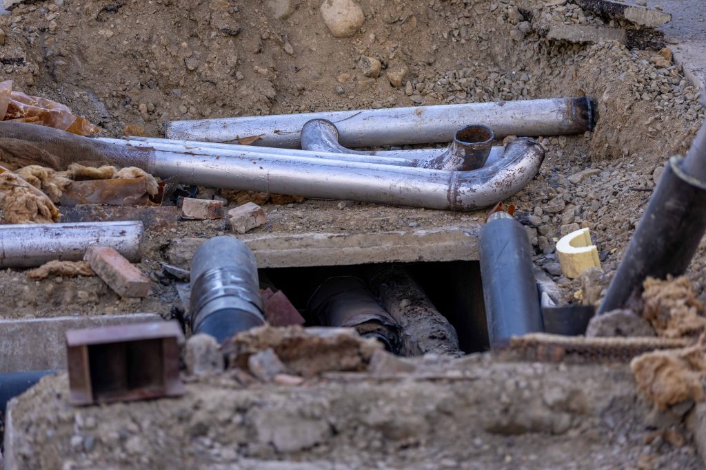 Excavated Ground with Exposed Pipes for Sewer Line Repair