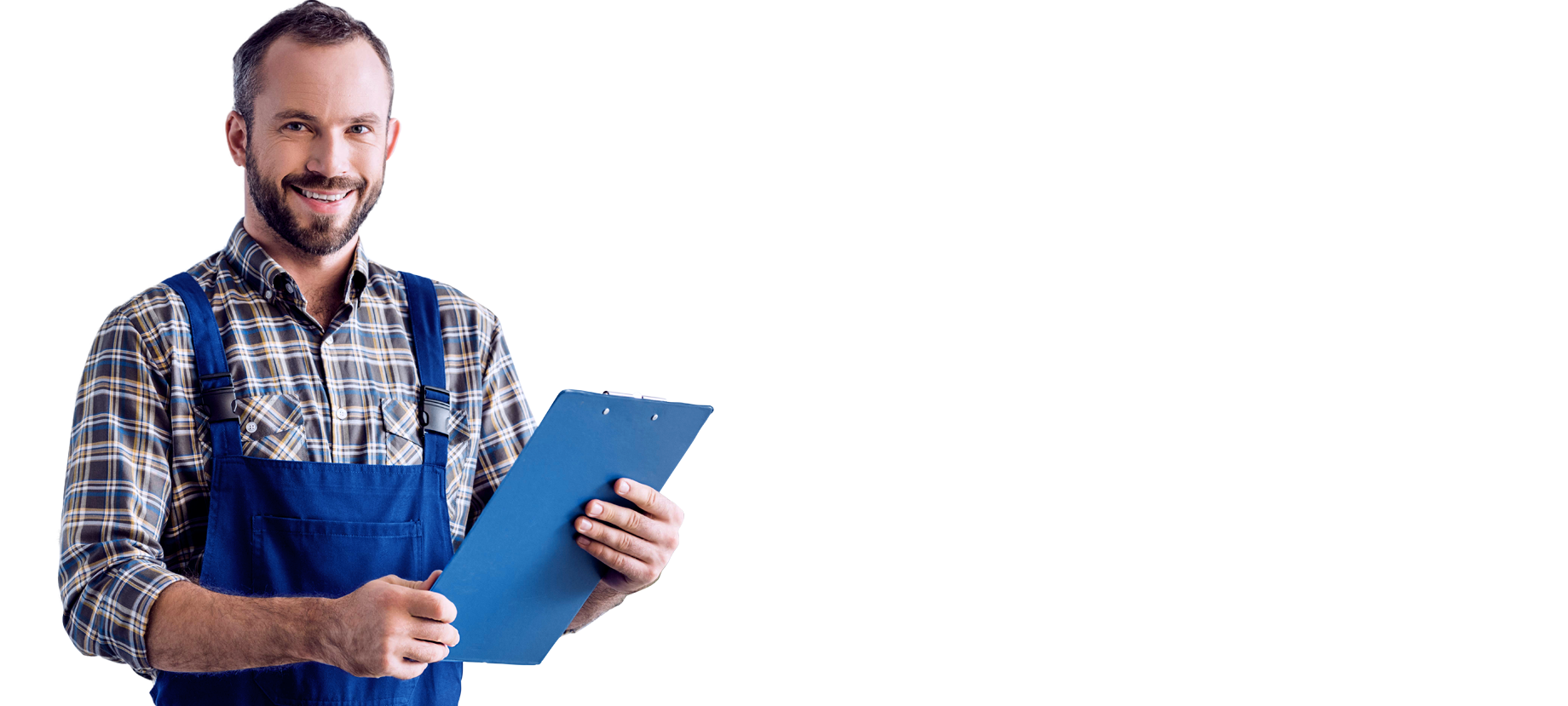 Smiling Plumber Holding Clipboard in Blue Overalls, Ready for Plumbing Service